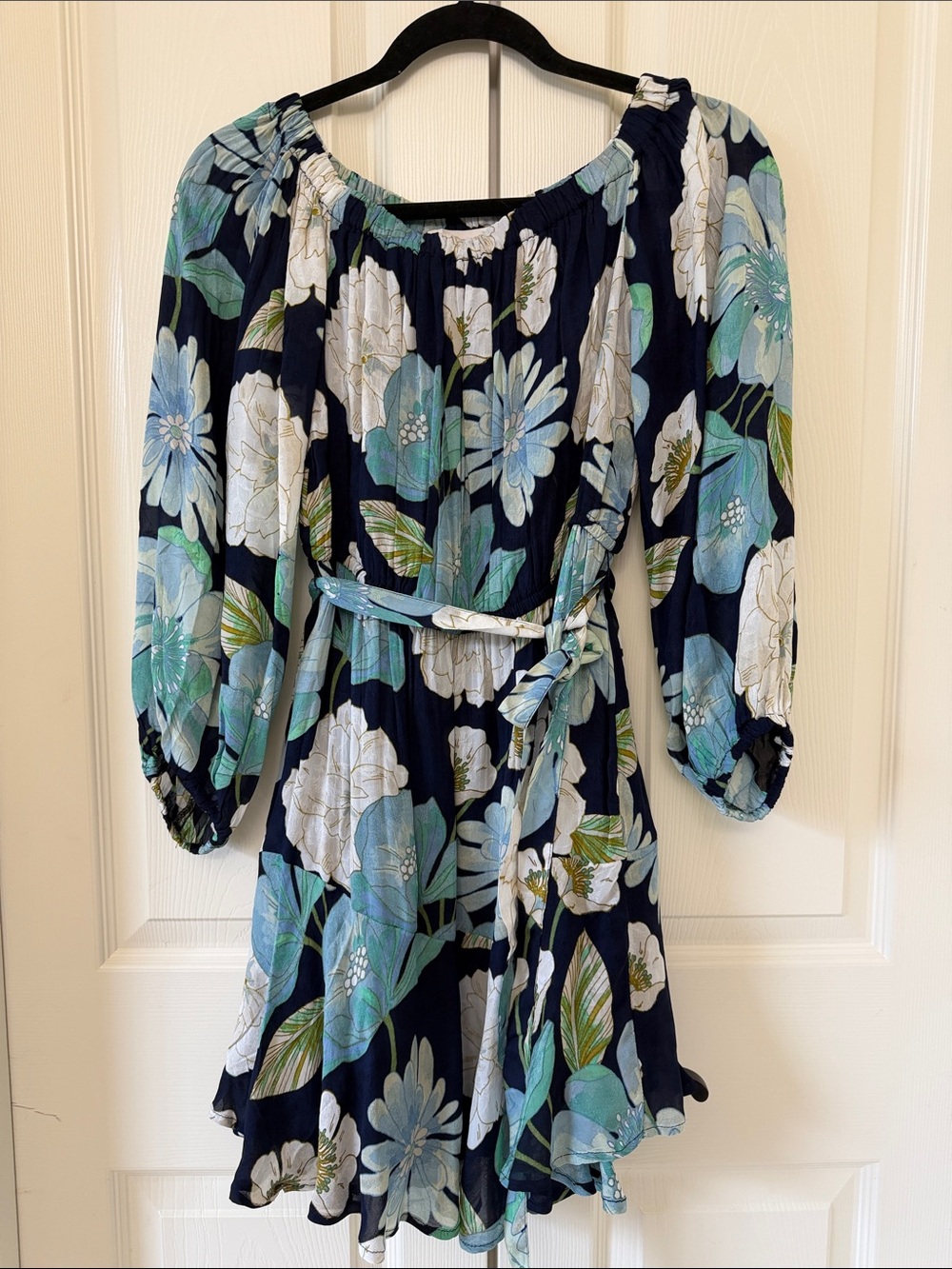 Loft New Floral Off-Shoulder Belted Mini Dress with Aqua Blooms